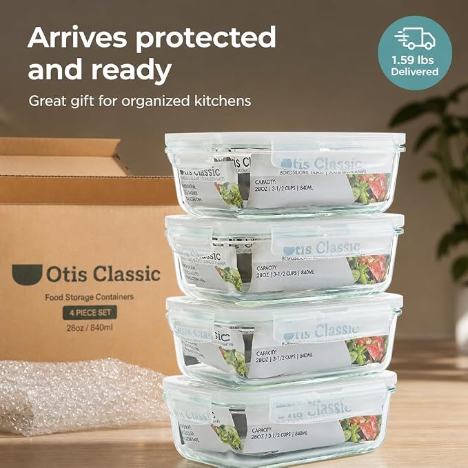 otis classic Glass Food Storage Containers With Locking Lids - Meal Prep Containers - Lunch Bento Boxes - 1 Compartment - 4pk-28oz Box Set - Transparent Lids - BPA Free and Dishwasher Safe