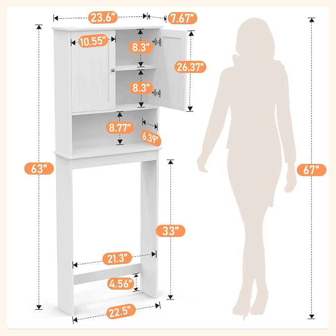 Over Toilet Storage Cabinet with Barn Door & Adjustable Shelves | 24 Inch Wide Bathroom Organizer, Space-Saving, Sturdy Wood, Anti-Tipping, Easy Assembly, for Restroom, Laundry, Small Spaces