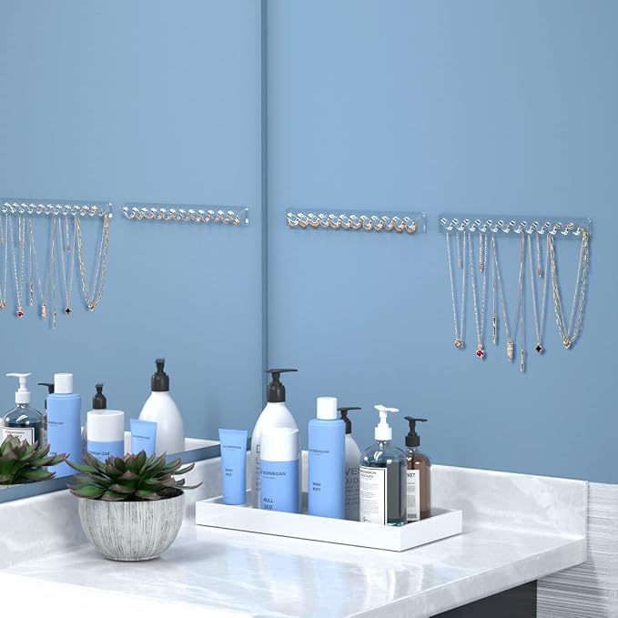 AITEE Acrylic Necklace Holder Organizer Wall Mounted with 12 Hooks, 2 PACK | 11.3x1.38, prevents tangles, hangs necklace, jewelry, bangles, bracelets, rings, for home, best gifts for girls and women