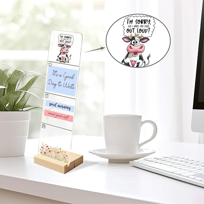 Sticky Note Holder, Monitor Memo Board, Acrylic Post It Note Holder with Wooden Base, Includes 200 Notes, Desk Organizer, Funny Cow Quote “Did I Roll My Eyes Out Loud”