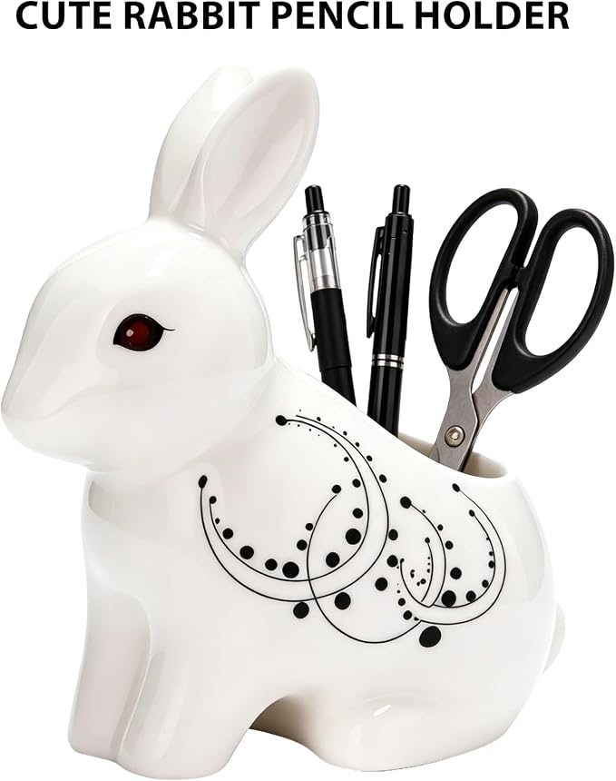 Ceramic Rabbit Shaped Pen Pencil Holder for Desk Decoration Accessories Rabbit Decor Makeup Brush Pen Cups Office School Ideal Gifts for Women, Mom or Birthdays
