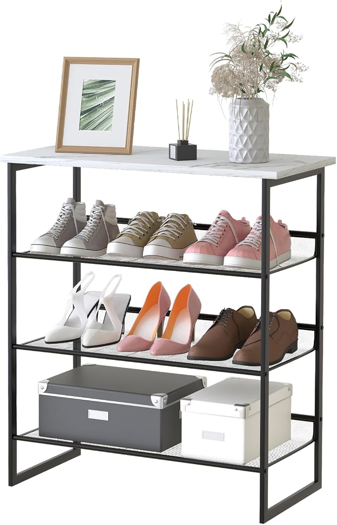 Garden 4 you Shoe Rack for Entryway 4 Tiers 11.8" D x 25" W x 28" H, Metal Shoe Rocks with White Wooden Tabletop, Angled Shoes Rack with Adjustable Mesh Shelves for Entryway Hallway Closet