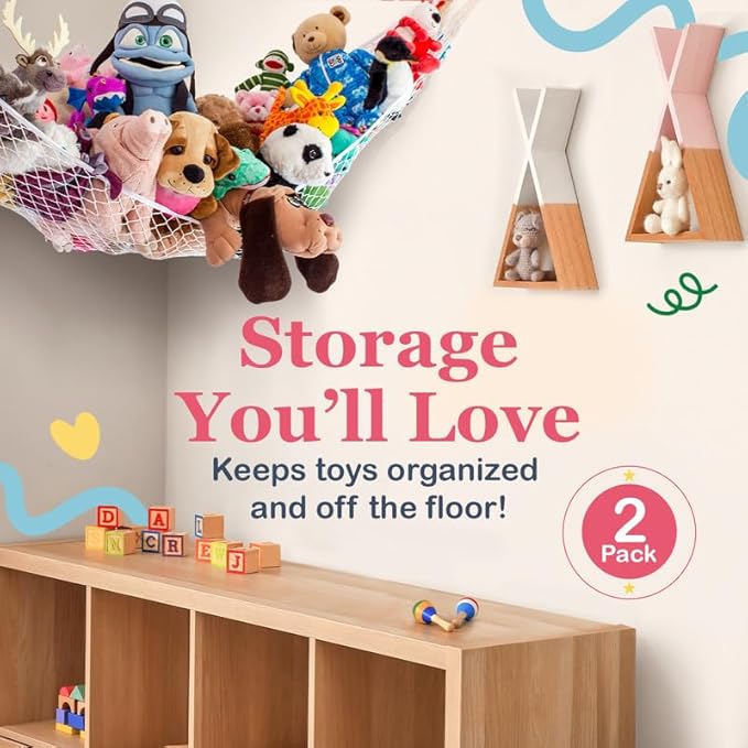 Lilly's Love Stuffed Animal Hammock | Corner Hanging Organizer, Toy Storage, Stuffed Animal Storage Net | Made from Quality Fishing Net, Holds 12lbs | 67"x47"x47" (Rainbow, 2 Pack)