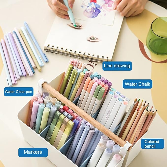 Vidifor 2 pcs Large Art Caddy Tote with Handle, DIY Divided Basket, Desk and Dorm Caddy for Craft Supplies, Colored Pencils, Markers, Makeup, Office Storage Supplies (Pink/Blue Dividers)