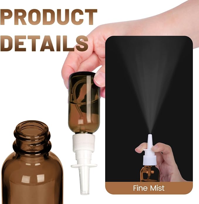 1 oz Empty Amber Glass Nasal Spray Bottles 10 Pack Leakproof & Durable | UV Protection Fine Mist Atomizers – for Saline, Essential Oils, Sinus Relief, Allergy Care, Travel, Includes Dropper & Labels
