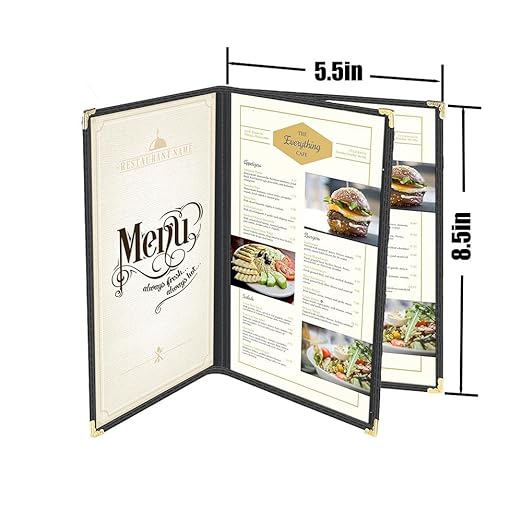 Goodsmart Restaurant Menu Covers – 25 Pack Black 6-View Trifold 5.5" x 8.5", Side-Loading Vinyl & Plastic Menu Holders, Clear Menu Sleeves, Leather-Style Café Covers with Gold Corners