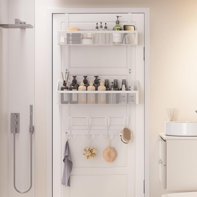 12-Hook Over Door Organizer with 2 Mesh Baskets Space-Saving 2-Tier Hanging Rack for Towels, Coats & Pantry Items, Heavy Duty Metal Storage for Bathroom, Kitchen & Bedroom, White