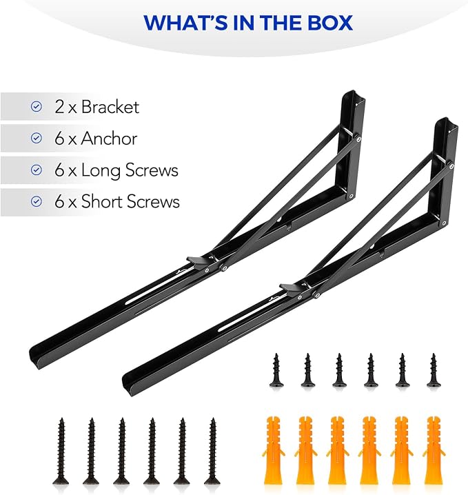 Ravinte Matte Black Folding Shelf Brackets, 20 Inch, 2 Pack | Collapsible Bracket Design, Table And Bench Support, Space-Saving Shelf Setup, For Worktops, Laundry Rooms, Garage Projects