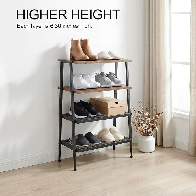 A-Shaped Shoe Rack for Entryway, 4-Tier Heavy-Duty Shoe Organizer | Wooden Top, Mesh Shelves, Space-Saving Shoe Storage Shelf, 25.28"H, Holds 8 Pairs, for Bedroom, Hallway, Garage,Rustic Brown