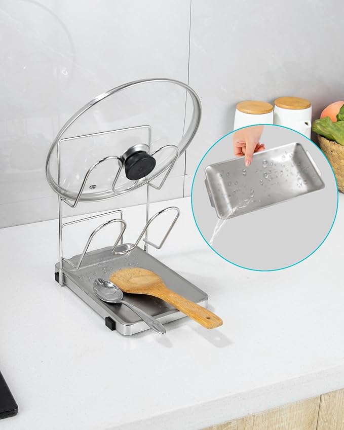 YQh Pot Lid Holder, Two-Compartment Stainless Steel Cooking Rack, Spoon Rest with Lid Holder, Spatula Holder for Counter, Stove Top Shelf Spoon and Lid Rest, Pot Lid Organizer