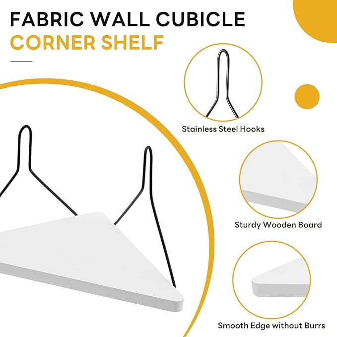 Fabric Wall Cubicle Corner Shelf with Hooks 11.8 Inch Wooden Triangular Cubicle Corner Shelf for Office Fabric Walls Display Storage Hanging Organizer for Work Decor Small Planter(White，1 PCS)