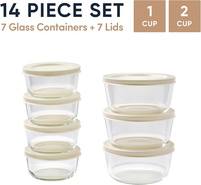 14-Piece Glass Food Storage Containers Set (7 Containers + 7 BPA-Free Lids) | 1-Cup & 2-Cup, Leakproof | Microwave, Freezer, Oven & Dishwasher Safe | Ideal for Meal Prep & Pantry Organization, Beige