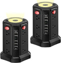 Surge Protector Power Strip Tower with 5 USB Ports and Night Light, 10FT Extension Cord with 12 AC Multiple Outlets, PASSUS Power Tower, Overload Protection for Home Office Dorm Room (2PC-Black)
