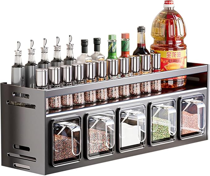 Kitchen Spice Rack Wall Mount Hanging Seasoning Box Over Stove Hanging Shelf Seasoning Jar Organizer for Sugar Salt Pepper (5 Box)