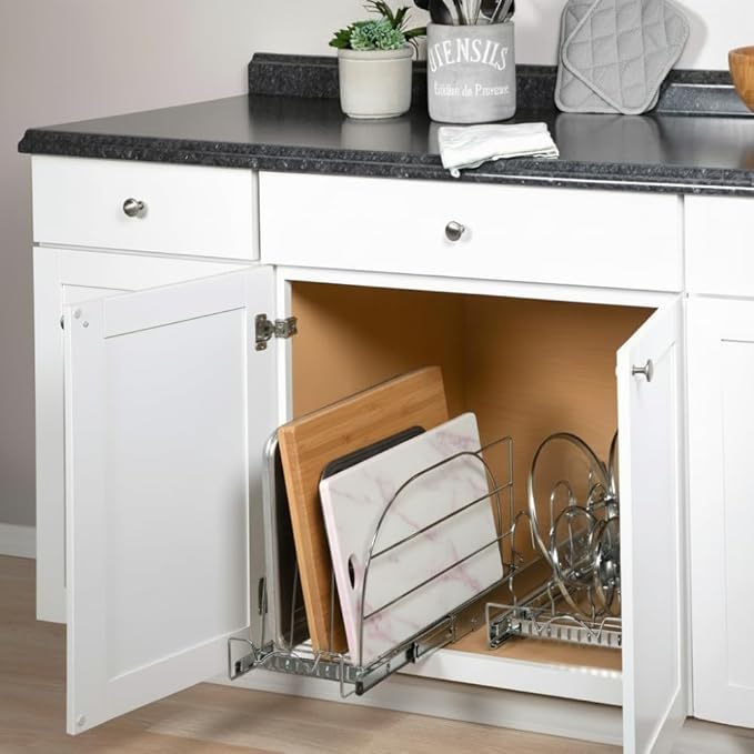 HOLDN’ STORAGE Pull Out Organizer for Bakeware, Cutting Board and Trays, Adjustable Dividers - Heavy Duty, Lifetime Limited Warranty - For Narrow Cabinet Spaces, 10.5”W x 21”D x 11”H, Chrome