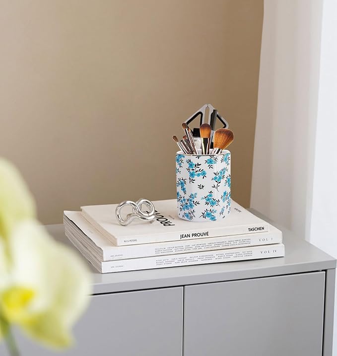 Pen Holder, Makeup Brush Holder Ceramic Shiny Gold Spring Floral Pattern Pencil Cup for Girls Kids Women Durable Stand Desk Organizer Storage Gift for Office, Classroom, Home (Teal Blue)