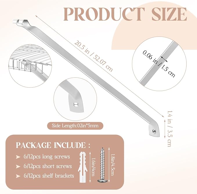 6 Pcs Support Brackets for 16in Wide Shelving Wire Wire Shelf Brackets Closet Rod Bracket Closet Support Bracket with Anchors and Pins for Installation Wires Shelving Supports Closets