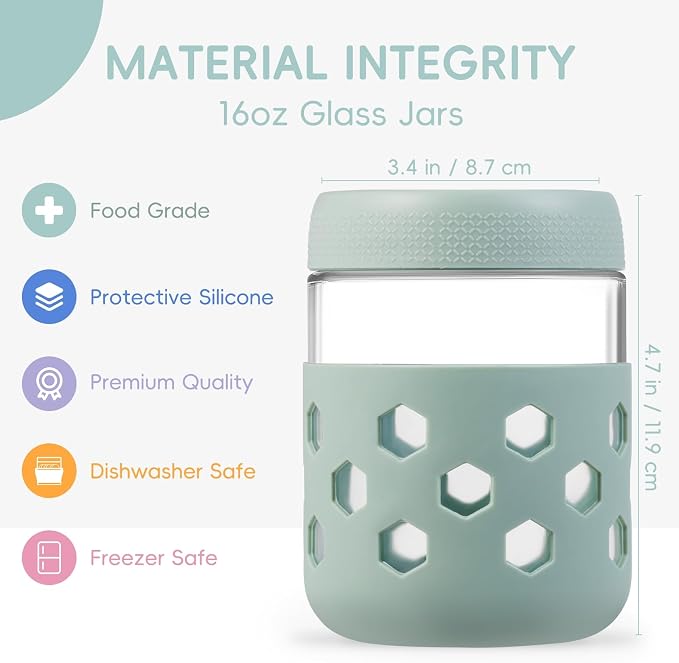 Gemice 6-Pack 16oz Glass Mason Jars with Silicone Sleeves, Airtight BPA-Free Overnight Oats Containers with Lids, Dishwasher Safe Leak-Proof Meal Prep Jars for Chia Pudding, Yogurt, Snacks
