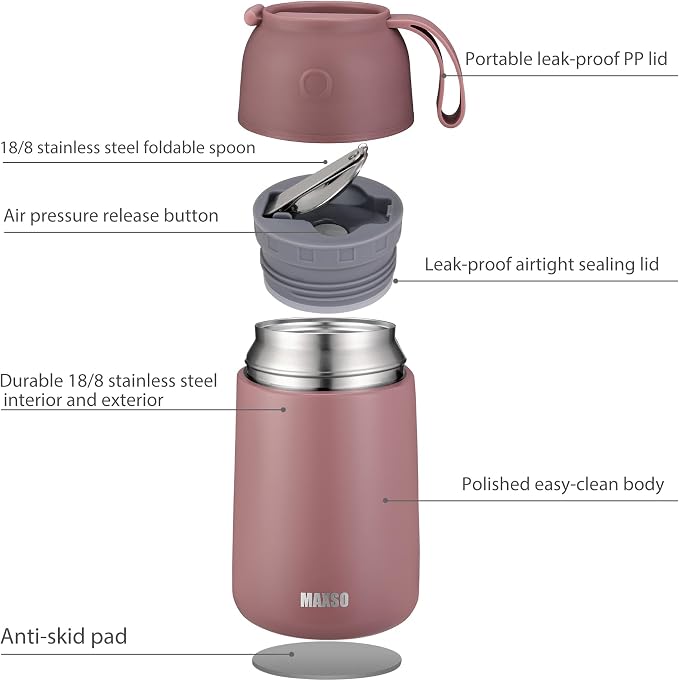 MAXSO 2 Pack Soup Thermo for Hot & Cold Food for Kids Adults, Vacuum Insulated Food Jar Thermal Lunch Containers, Travel Food Flask with Spoon (24 oz,17 oz) (Dusty Rose)