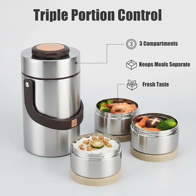 77.8oz Hot Food Wide Mouth Lunch Box, Lunch Jar for Hot Food with 3-Layer Stackable Container, Stainless Steel Vacuum Insulated Food Container Set, Adults Thermal Lunch Box 6-8H Temperature