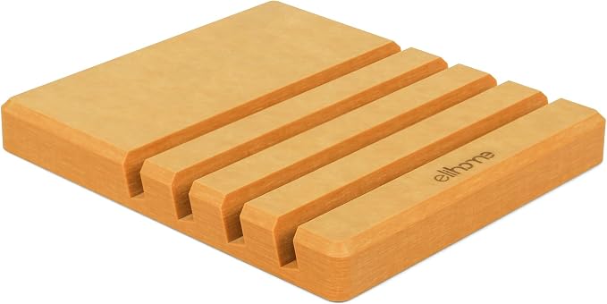 Elihome Cutting Board Organizer, 4-Slot Angled Holder — Wood Fiber Composite, Non-Slip Feet, Dishwasher Safe, Heat-Resistant 350°F, Non-Porous (Natural Wood)
