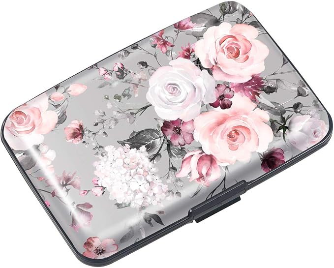 Coco Rossi Credit Card Holder RFID Aluminum Small Mini Wallet Women | Metal Wallet, Business Cards Holder, ID Case, Slim Sleeves, Womens Girls Gift, Carry Proof Wallets for Travel, Grey Flower