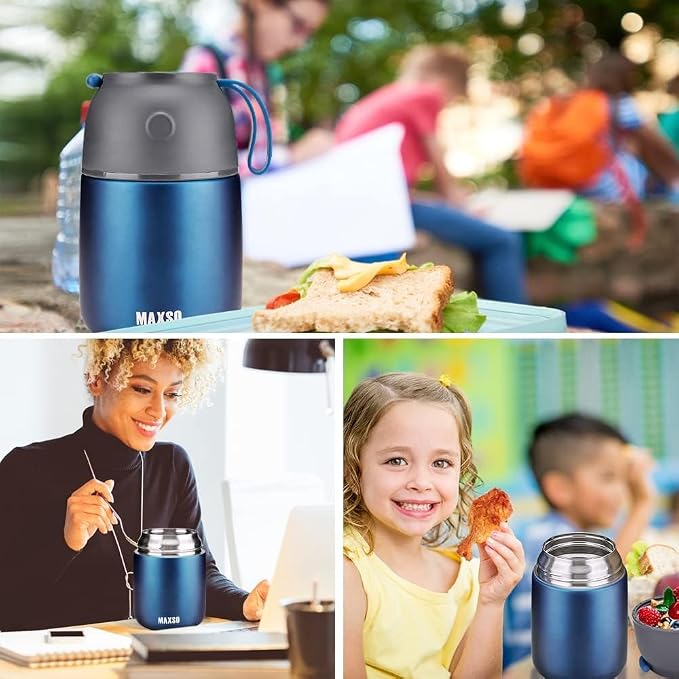 MAXSO 2 Pack Soup Thermo for Hot & Cold Food for Kids Adults, Vacuum Insulated Food Jar Thermal Lunch Containers, Travel Food Flask with Spoon (24 oz,17 oz) (Dark Blue)