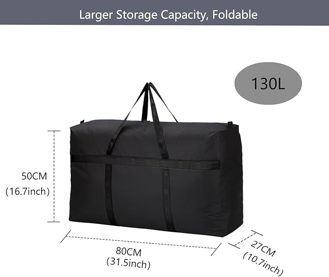 130L Extra Large Moving Bags Storage Totes Bag for Clothes, Moving Supplies, Space Saving Storage Bag Organizer for Moving, Traveling (Black-130L)