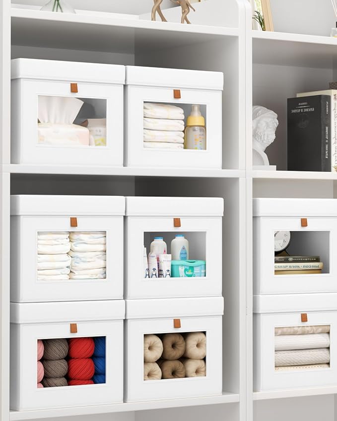Homsorout Storage Bins with Lid – Closet Organizer with Side Opening and Clear Window, Foldable Stackable Fabric Basket for Clothes, Home, Office - 13.77" x 11.8" x 9.8", 5 Pack, White