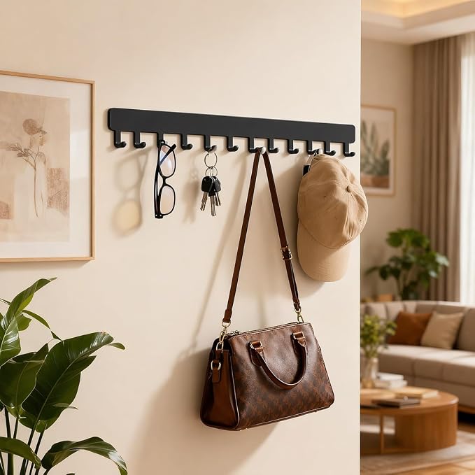 Self-Adhesive Metal Necklace Organizer, Sturdy Necklace Holder Wall Mounted with Hooks for Tangle-Free Jewelry Storage, Self-Adhesive Hanging Jewelry Organizer, No Drilling, 2 Pack (Black)