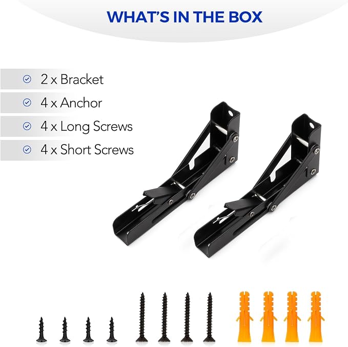Ravinte Matte Black Folding Shelf Brackets, 6 Inch, 2 Pack | Collapsible Bracket Design, Table And Bench Support, Space-Saving Shelf Setup, For Worktops, Laundry Rooms, Garage Projects