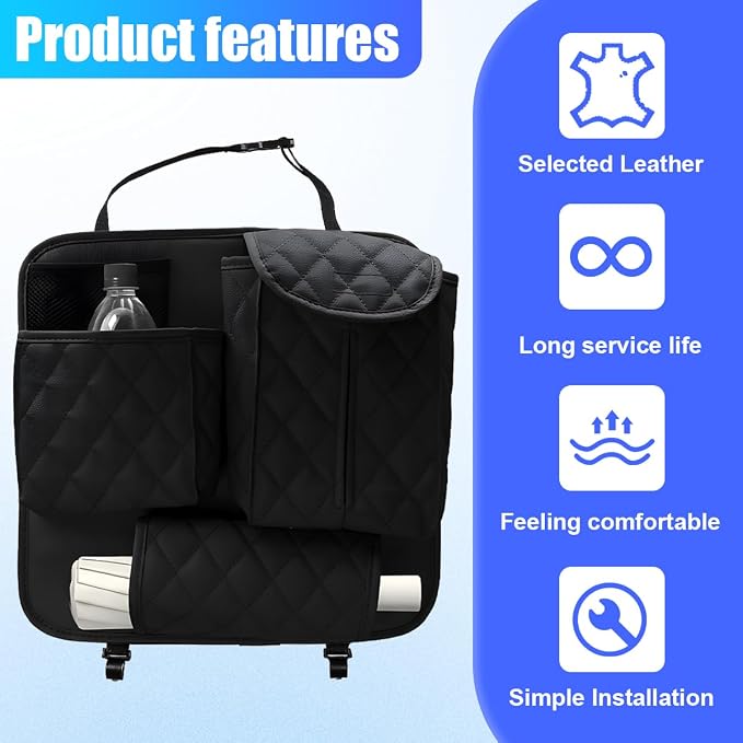 YoRise Leather Car Seat Back Organizer, Multifunctional Hanging Automotive Storage Bag with 2 Hooks, Car Seat Travel Bag for Tissue, Phone, Handbag, Bottle, Umbrella, Snack (Black)