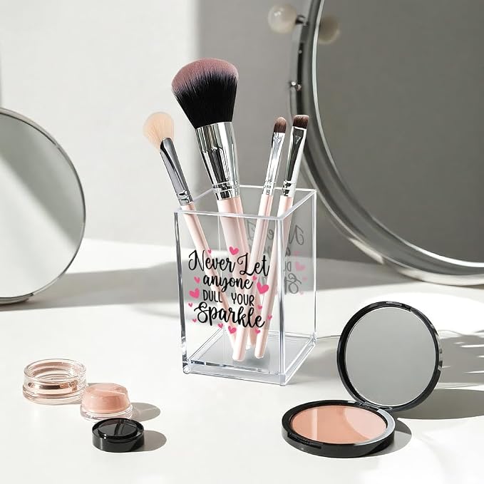 Never Let Anyone Dull Your Sparkle Acrylic Makeup Brush Organizer Holder, Girl Power Desk Acrylic Brushes Storage, Inspirational Quote Gifts for Women Friend Sister Make Up Artist Makeup Lover