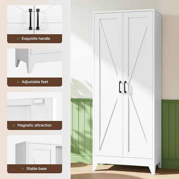 Letaya 75" H Metal Storage Cabinet with 2 Doors and 4 Shelves,Tall Kitchen Pantry Cabinets,Farmhouse Utility Pantry Organizers for Cupboard/Dining/Bathroom/Home Office/Garage,White
