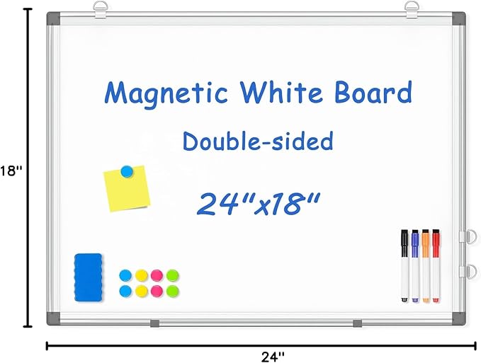 WALGLASS Double-Sided White Board, 24" x 18" Dry Erase Board Magnetic Whiteboard for Wall, Hanging Mounted Whiteboard Silver Aluminium Frame for Home, School, Office, Kitchen