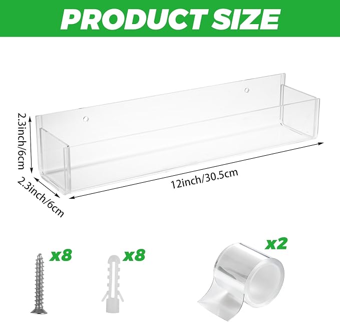 ASelected 4 PCS Acrylic Spice Rack for Wall, 12inch Adhesive Spice Rack Wall Mount, Walls Mounted Spices Racks Organizer for Kitchen, Cabinet Door, Cupboard
