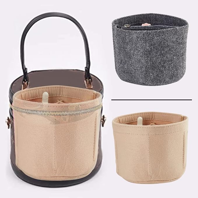WADORN Small Felt Purse Organizer Insert, Handbag Insert Liner for LV Cannes Round Bucket Bag Organizer Barrel Bags Interior Inserts Accessories for Bucket Makeup Bag, 5.11x4.65 In, Beige
