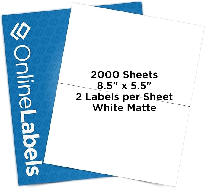8.5 x 5.5 Half-Sheet Shipping Labels - Permanent, White Matte - for FBA, FedEx, UPS - Pack of 4,000 Labels, 2,000 Sheets - Inkjet/Laser Printers - Online Labels
