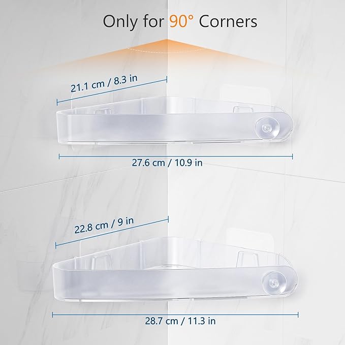 Sotfamily Plastic Shower Caddy Corner (for 90° Only), 4 Pack, Frosted Clear | Adhesive Corner Shower Shelves for Bathroom Organizers and Storage, Bathroom Decor, No Drill, Rust Free