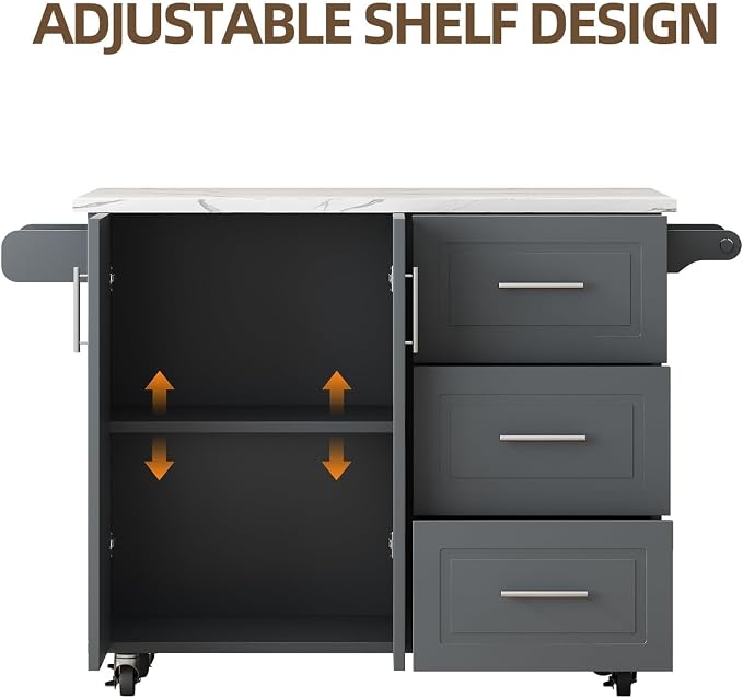 4 EVER WINNER Kitchen Island on Wheels with Storage and Drop Leaf, Faux Marble Texture Tabletop, 43" Kitchen Island Cart with Towel Rack & Spice Rack, Rolling Islands Cart for Kitchen, Gray