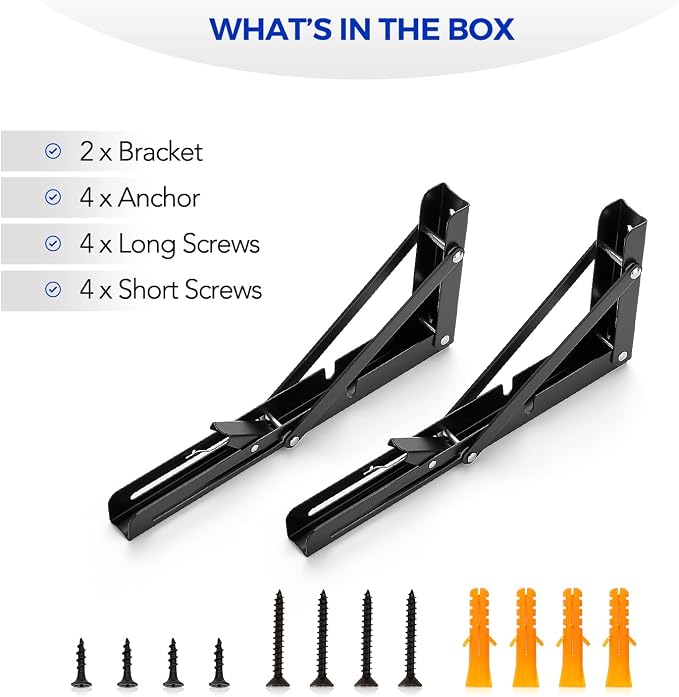 Ravinte Matte Black Folding Shelf Brackets, 10 Inch, 2 Pack | Collapsible Bracket Design, Table And Bench Support, Space-Saving Shelf Setup, For Worktops, Laundry Rooms, Garage Projects