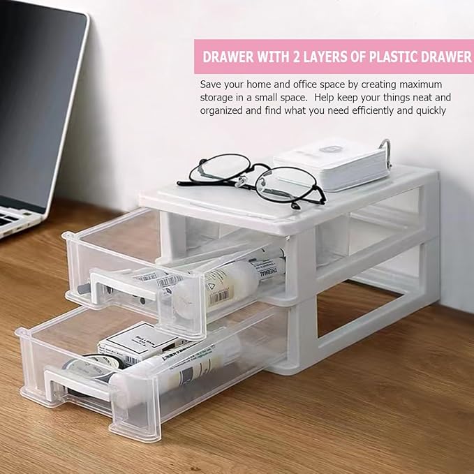 Plastic Desk Organizer,Desk Storage Box with 2 Drawers,Cosmetics Jewelry Storage Box Multifunction Storage Rack for Office School Home（White）