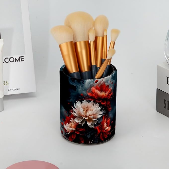 Vintage Red and White Flower Pen Holder Pencil Organizer for Desk, 3.1” x 3.1” x 3.9” Pencil Cup Office Supplies, Large Capacity Cute Pen and Makeup Brush Holder for Home, School, Desktop