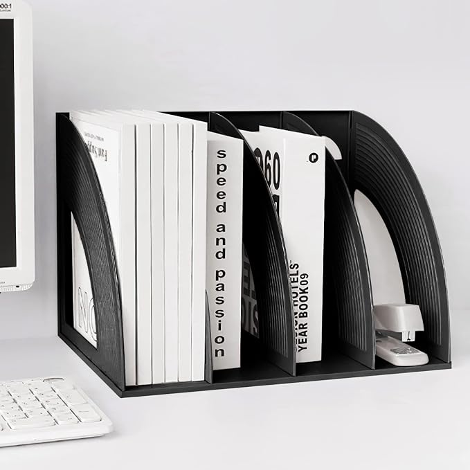 Marte Vanci Magazine File Holder Vertical PP Folder Book Desktop Organizer Plastic Storage Sturdy Vertical 4 Section Folder Black