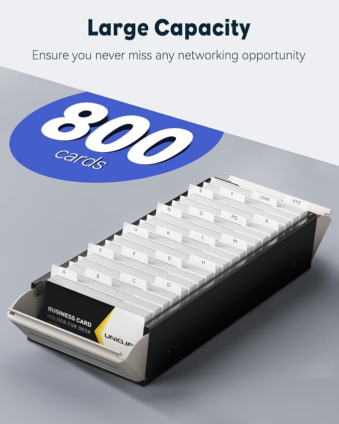 Uniclife Business Card Holder for Desk, Large Business Card Organizer | 800 Card Capacity Metal Business Card Box with Lid & A-Z Index Tabs, Desktop Credit Card Holder, Name Card Storage Box