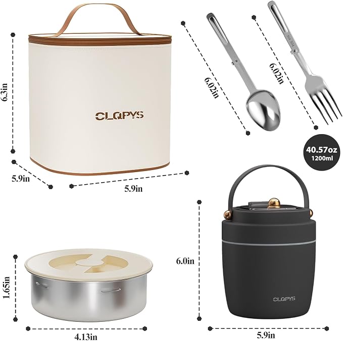 40oz Stainless Steel Vacuum Insulated Food Jar for Adults Wide Mouth Lunch Container with Spoon Fork and Carrying Bag Leak-Proof Soup Thermo Bento Box for Hot Food and Cold Food | Office, Travel Black