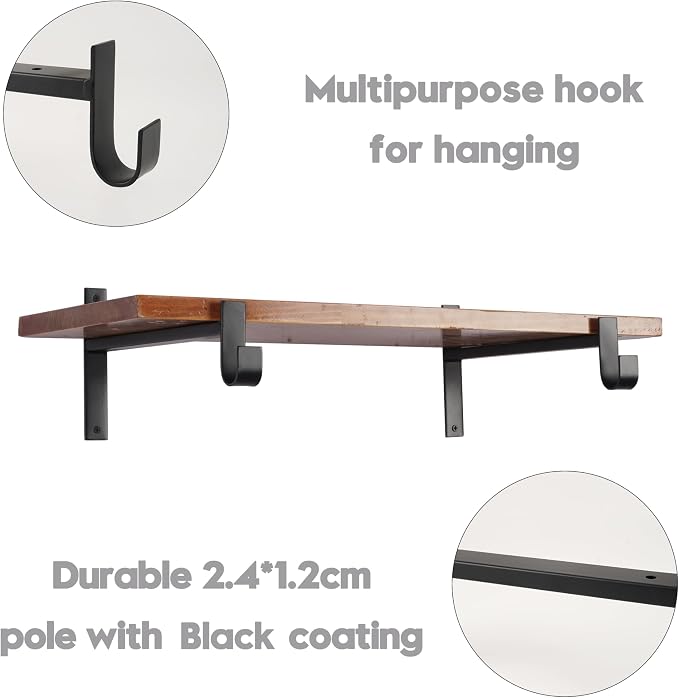 AddGrace Closet Rod Bracket Heavy Duty Shelf Brackets Black 4 Inch 2 Pack | Fit for Closet Wardrobe Laundry Room and Kitchen, with Hook, Store Above and Hang Below, Supports 66 lbs, Easy to Install