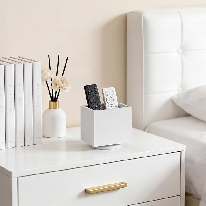 360° Rotating Remote Control Holder, Wooden TV Remote Holder for Table, Desk Organizer Caddy Media Storage Box for Living Room,Nightstand,Couch (White)