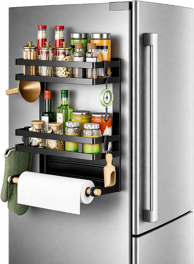 Magnetic Refrigerator Spice Rack Organizer, 2 Layer Kitchen Shelf with Paper Towel Holder, Fridge Side Storage for Seasoning Bottles, No Drill Rack