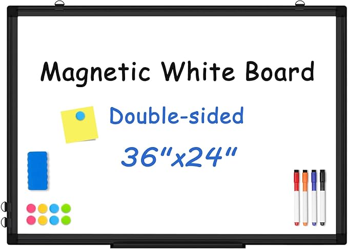Double-Sided White Board Black Aluminium Frame, 36" x 24" Dry Erase Board Magnetic Whiteboard for Wall, Hanging Mounted Whiteboard Home, School, Office, Kitchen